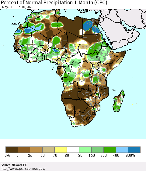 Africa Percent of Normal Precipitation 1-Month (CPC) Thematic Map For 5/11/2020 - 6/10/2020