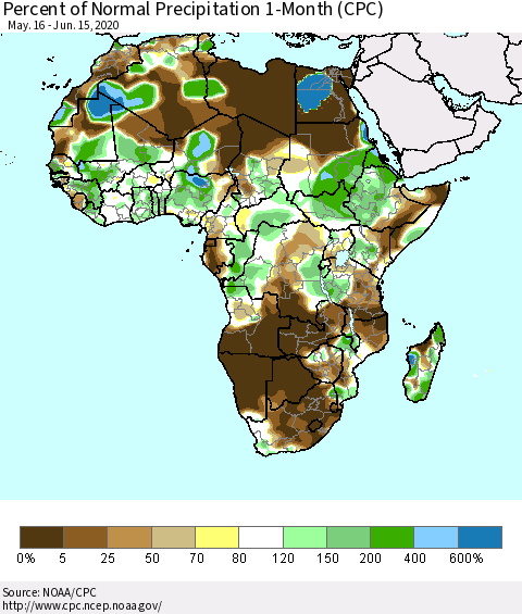 Africa Percent of Normal Precipitation 1-Month (CPC) Thematic Map For 5/16/2020 - 6/15/2020