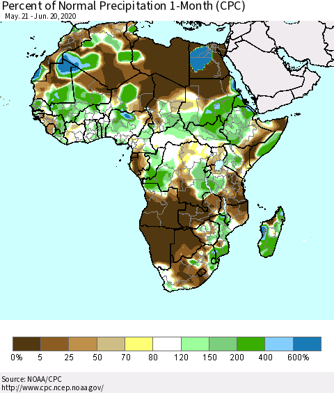 Africa Percent of Normal Precipitation 1-Month (CPC) Thematic Map For 5/21/2020 - 6/20/2020