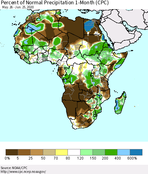 Africa Percent of Normal Precipitation 1-Month (CPC) Thematic Map For 5/26/2020 - 6/25/2020