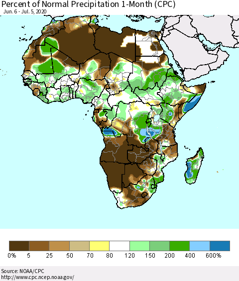Africa Percent of Normal Precipitation 1-Month (CPC) Thematic Map For 6/6/2020 - 7/5/2020