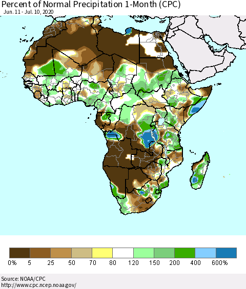 Africa Percent of Normal Precipitation 1-Month (CPC) Thematic Map For 6/11/2020 - 7/10/2020