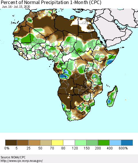 Africa Percent of Normal Precipitation 1-Month (CPC) Thematic Map For 6/16/2020 - 7/15/2020