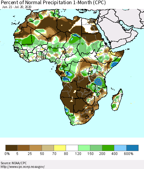 Africa Percent of Normal Precipitation 1-Month (CPC) Thematic Map For 6/21/2020 - 7/20/2020