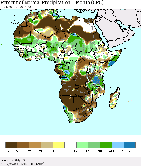Africa Percent of Normal Precipitation 1-Month (CPC) Thematic Map For 6/26/2020 - 7/25/2020