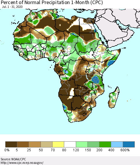 Africa Percent of Normal Precipitation 1-Month (CPC) Thematic Map For 7/1/2020 - 7/31/2020