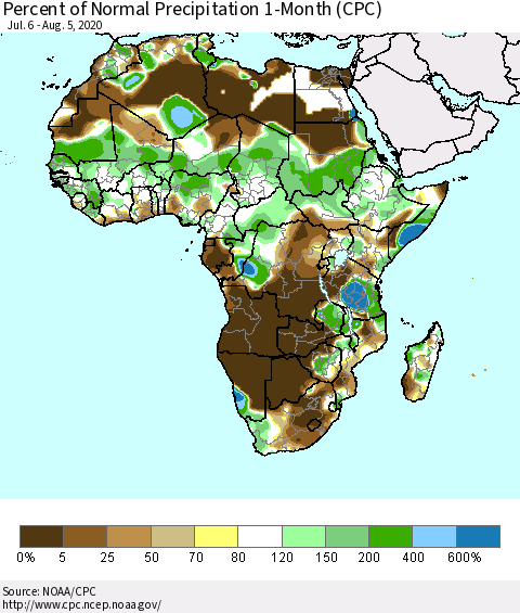 Africa Percent of Normal Precipitation 1-Month (CPC) Thematic Map For 7/6/2020 - 8/5/2020