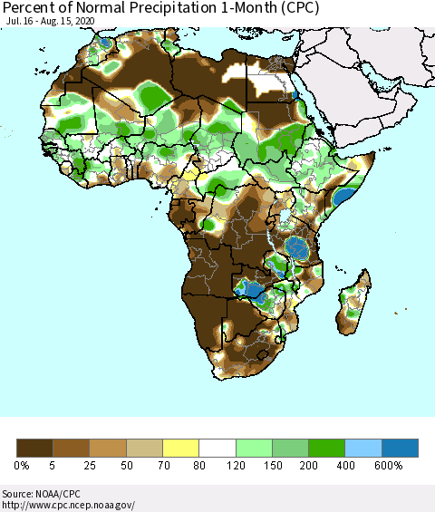 Africa Percent of Normal Precipitation 1-Month (CPC) Thematic Map For 7/16/2020 - 8/15/2020