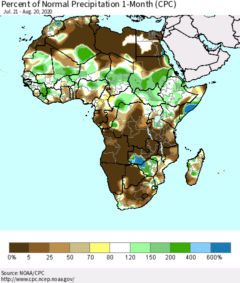 Africa Percent of Normal Precipitation 1-Month (CPC) Thematic Map For 7/21/2020 - 8/20/2020