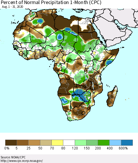 Africa Percent of Normal Precipitation 1-Month (CPC) Thematic Map For 8/1/2020 - 8/31/2020