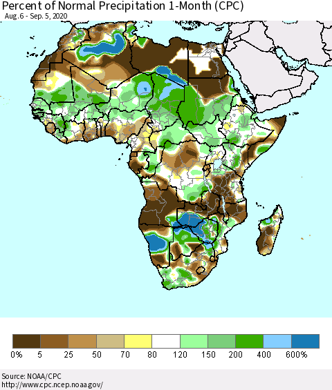 Africa Percent of Normal Precipitation 1-Month (CPC) Thematic Map For 8/6/2020 - 9/5/2020