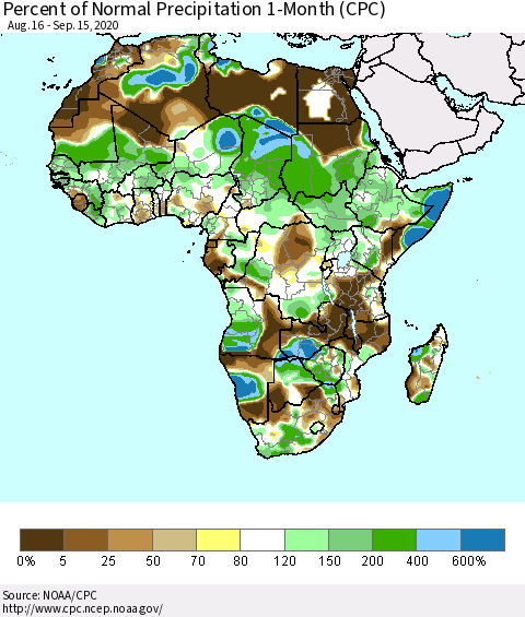 Africa Percent of Normal Precipitation 1-Month (CPC) Thematic Map For 8/16/2020 - 9/15/2020