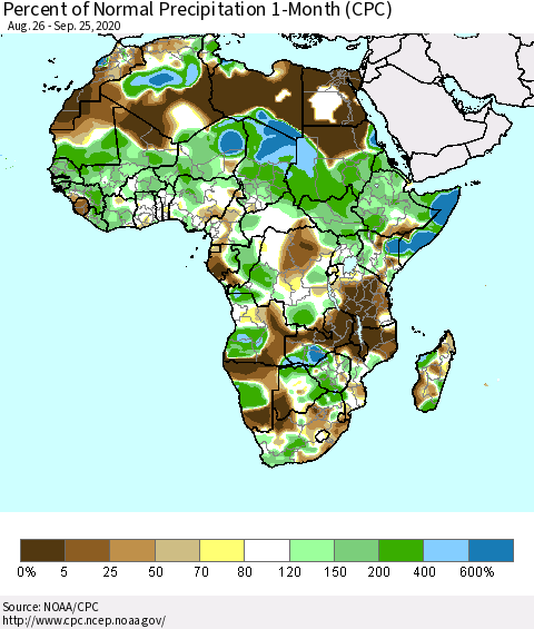 Africa Percent of Normal Precipitation 1-Month (CPC) Thematic Map For 8/26/2020 - 9/25/2020