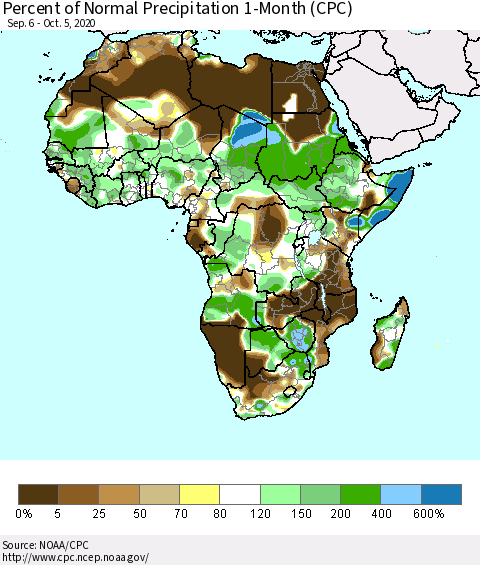 Africa Percent of Normal Precipitation 1-Month (CPC) Thematic Map For 9/6/2020 - 10/5/2020