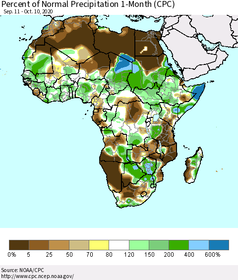 Africa Percent of Normal Precipitation 1-Month (CPC) Thematic Map For 9/11/2020 - 10/10/2020