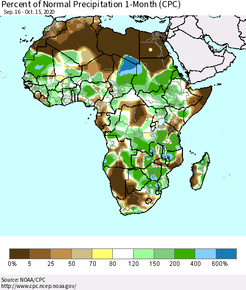 Africa Percent of Normal Precipitation 1-Month (CPC) Thematic Map For 9/16/2020 - 10/15/2020