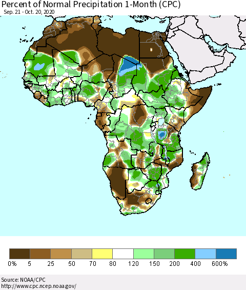 Africa Percent of Normal Precipitation 1-Month (CPC) Thematic Map For 9/21/2020 - 10/20/2020