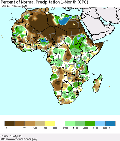 Africa Percent of Normal Precipitation 1-Month (CPC) Thematic Map For 10/11/2020 - 11/10/2020