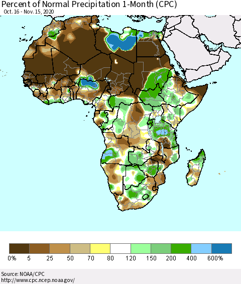 Africa Percent of Normal Precipitation 1-Month (CPC) Thematic Map For 10/16/2020 - 11/15/2020
