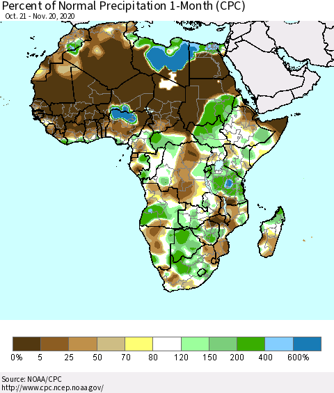 Africa Percent of Normal Precipitation 1-Month (CPC) Thematic Map For 10/21/2020 - 11/20/2020