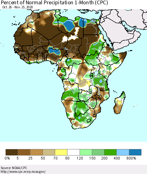 Africa Percent of Normal Precipitation 1-Month (CPC) Thematic Map For 10/26/2020 - 11/25/2020