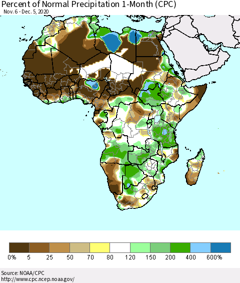 Africa Percent of Normal Precipitation 1-Month (CPC) Thematic Map For 11/6/2020 - 12/5/2020