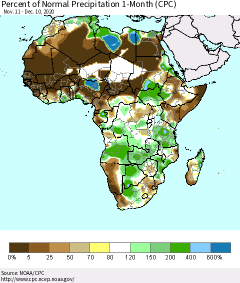 Africa Percent of Normal Precipitation 1-Month (CPC) Thematic Map For 11/11/2020 - 12/10/2020