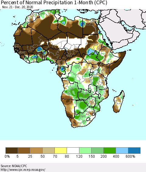 Africa Percent of Normal Precipitation 1-Month (CPC) Thematic Map For 11/21/2020 - 12/20/2020