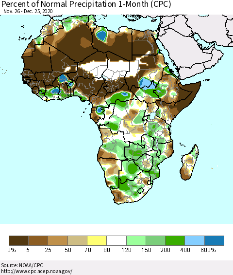 Africa Percent of Normal Precipitation 1-Month (CPC) Thematic Map For 11/26/2020 - 12/25/2020