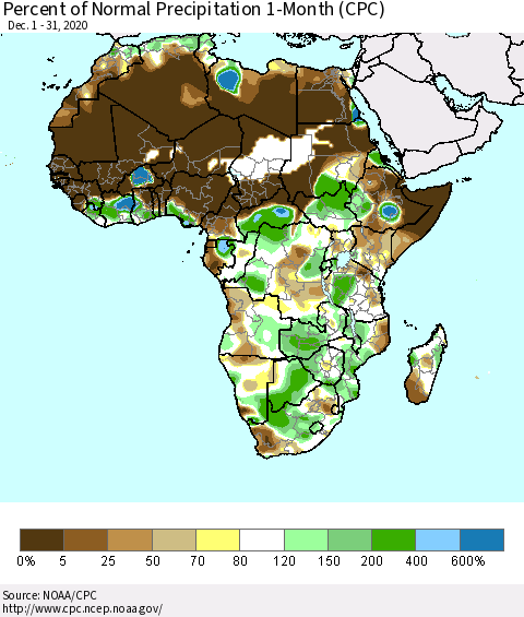Africa Percent of Normal Precipitation 1-Month (CPC) Thematic Map For 12/1/2020 - 12/31/2020