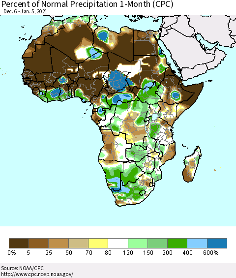 Africa Percent of Normal Precipitation 1-Month (CPC) Thematic Map For 12/6/2020 - 1/5/2021