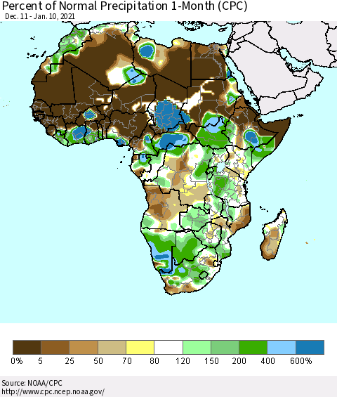 Africa Percent of Normal Precipitation 1-Month (CPC) Thematic Map For 12/11/2020 - 1/10/2021