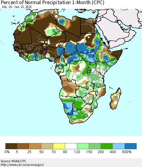 Africa Percent of Normal Precipitation 1-Month (CPC) Thematic Map For 12/16/2020 - 1/15/2021