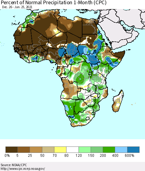 Africa Percent of Normal Precipitation 1-Month (CPC) Thematic Map For 12/26/2020 - 1/25/2021