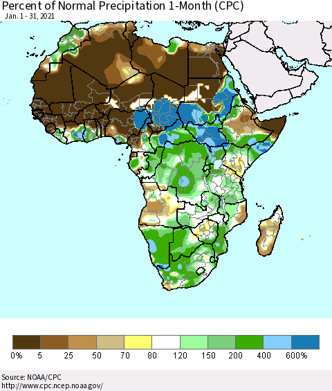 Africa Percent of Normal Precipitation 1-Month (CPC) Thematic Map For 1/1/2021 - 1/31/2021