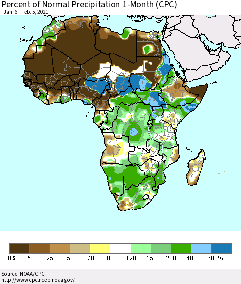 Africa Percent of Normal Precipitation 1-Month (CPC) Thematic Map For 1/6/2021 - 2/5/2021