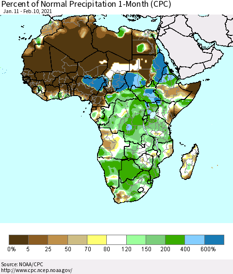 Africa Percent of Normal Precipitation 1-Month (CPC) Thematic Map For 1/11/2021 - 2/10/2021