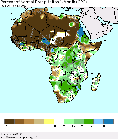 Africa Percent of Normal Precipitation 1-Month (CPC) Thematic Map For 1/16/2021 - 2/15/2021