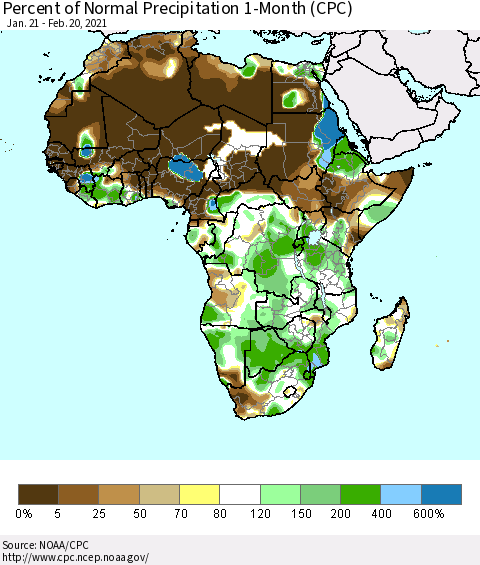 Africa Percent of Normal Precipitation 1-Month (CPC) Thematic Map For 1/21/2021 - 2/20/2021