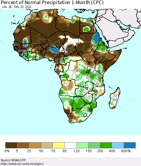 Africa Percent of Normal Precipitation 1-Month (CPC) Thematic Map For 1/26/2021 - 2/25/2021