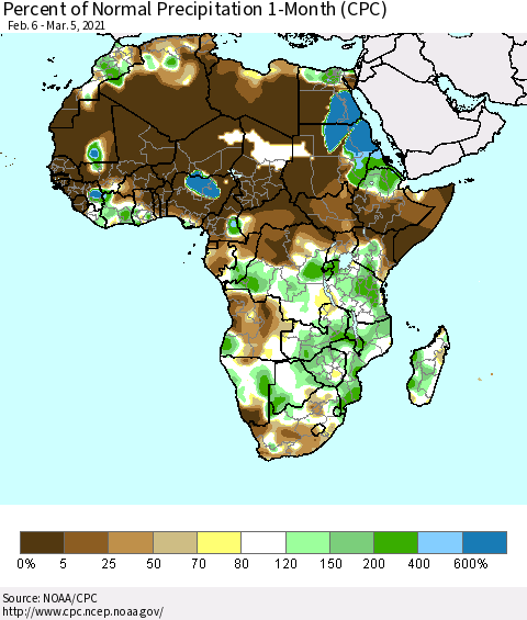 Africa Percent of Normal Precipitation 1-Month (CPC) Thematic Map For 2/6/2021 - 3/5/2021