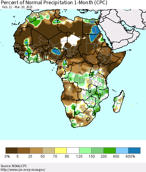 Africa Percent of Normal Precipitation 1-Month (CPC) Thematic Map For 2/11/2021 - 3/10/2021