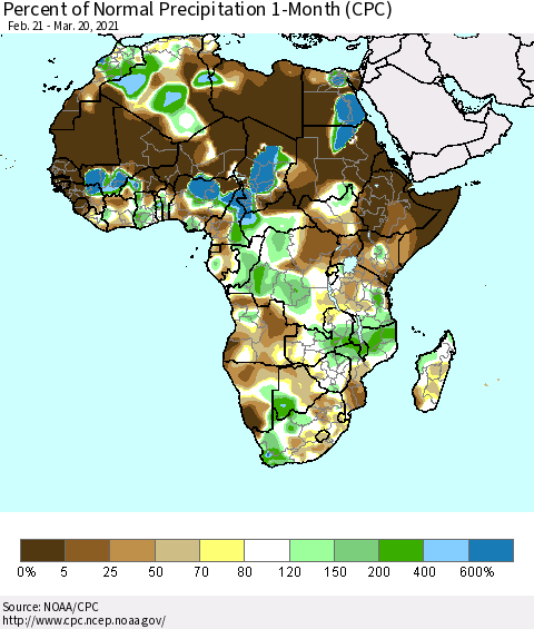 Africa Percent of Normal Precipitation 1-Month (CPC) Thematic Map For 2/21/2021 - 3/20/2021