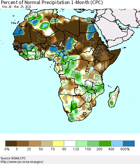 Africa Percent of Normal Precipitation 1-Month (CPC) Thematic Map For 2/26/2021 - 3/25/2021