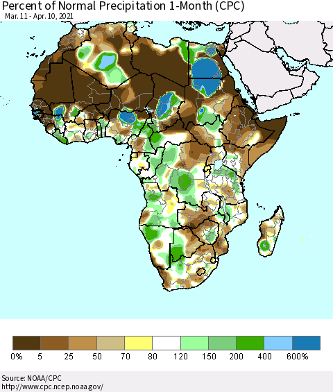 Africa Percent of Normal Precipitation 1-Month (CPC) Thematic Map For 3/11/2021 - 4/10/2021