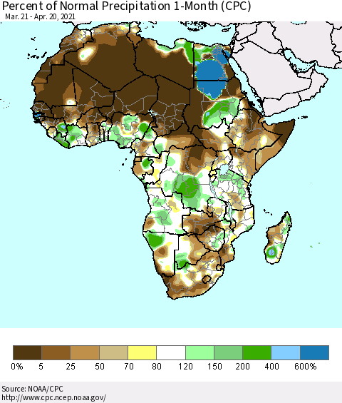 Africa Percent of Normal Precipitation 1-Month (CPC) Thematic Map For 3/21/2021 - 4/20/2021