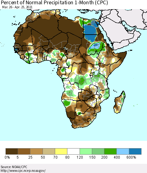 Africa Percent of Normal Precipitation 1-Month (CPC) Thematic Map For 3/26/2021 - 4/25/2021