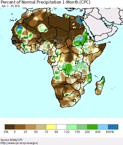 Africa Percent of Normal Precipitation 1-Month (CPC) Thematic Map For 4/1/2021 - 4/30/2021