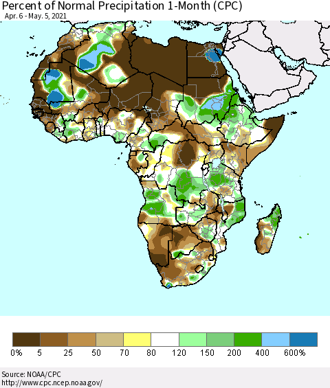 Africa Percent of Normal Precipitation 1-Month (CPC) Thematic Map For 4/6/2021 - 5/5/2021