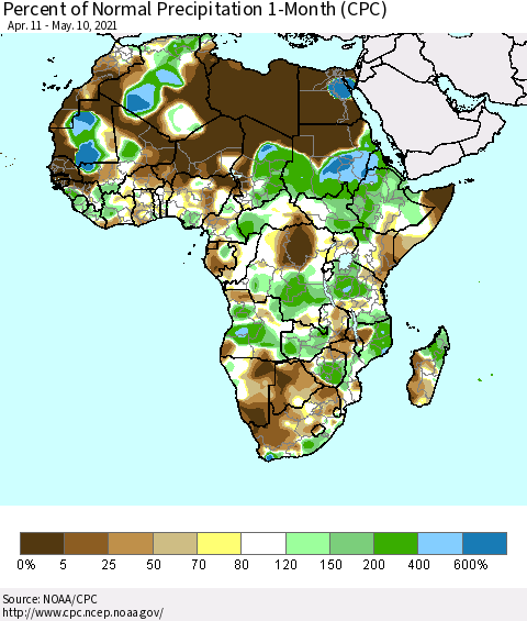 Africa Percent of Normal Precipitation 1-Month (CPC) Thematic Map For 4/11/2021 - 5/10/2021